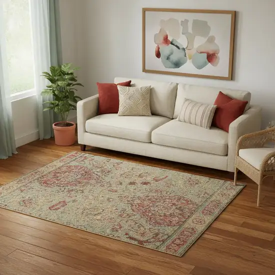 Light Green Tan And Red Floral Distressed Non Skid Area Rug Photo 1