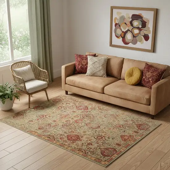 Light Green Tan And Red Floral Distressed Non Skid Area Rug Photo 2