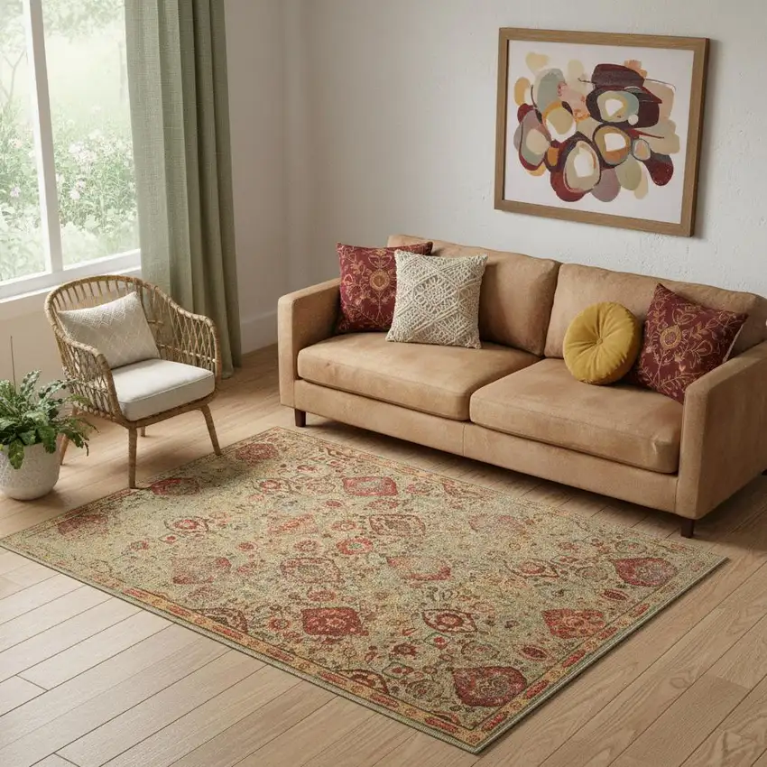 Light Green Tan And Red Floral Distressed Non Skid Area Rug Photo 2