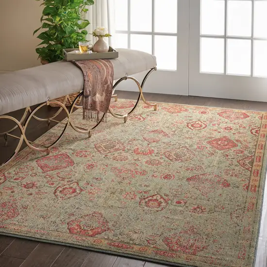 Light Green Tan And Red Floral Distressed Non Skid Area Rug Photo 6