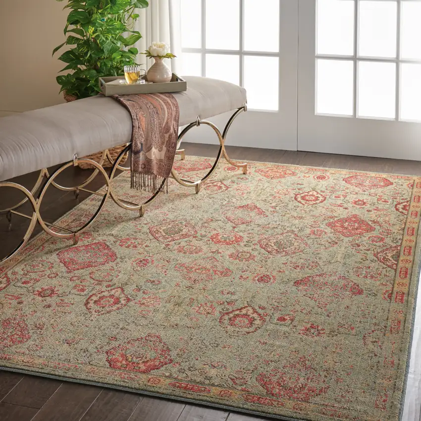 Light Green Tan And Red Floral Distressed Non Skid Area Rug Photo 6
