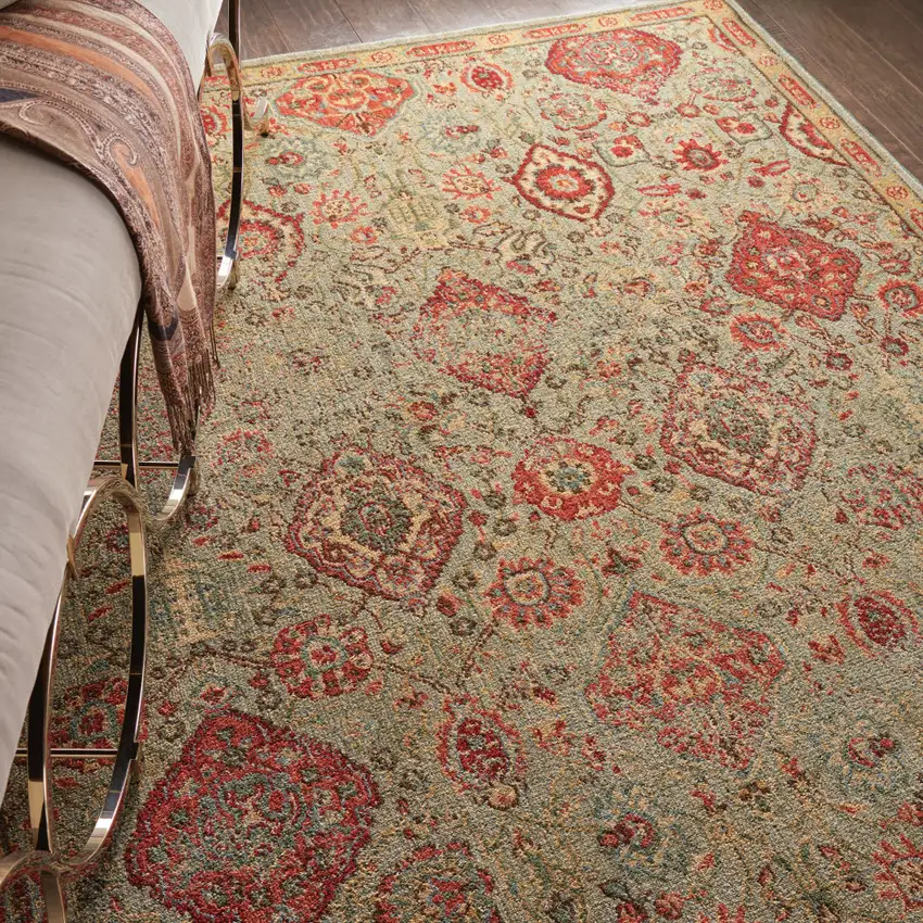 Light Green Tan And Red Floral Distressed Non Skid Area Rug Photo 5