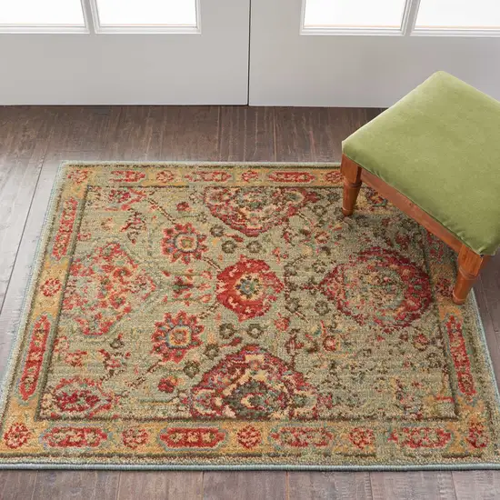 Light Green Tan And Red Floral Distressed Non Skid Area Rug Photo 5