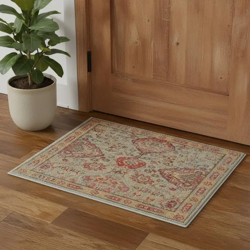 Light Green Tan And Red Floral Distressed Non Skid Area Rug Photo 1