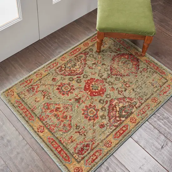 Light Green Tan And Red Floral Distressed Non Skid Area Rug Photo 6