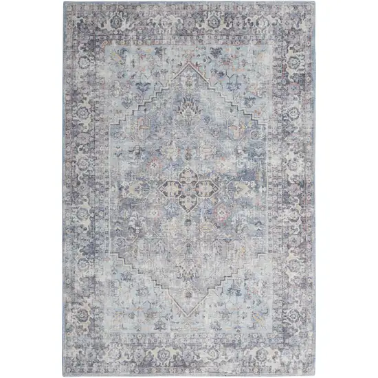 Light Grey And Blue Medallion Distressed Washable Area Rug Photo 2
