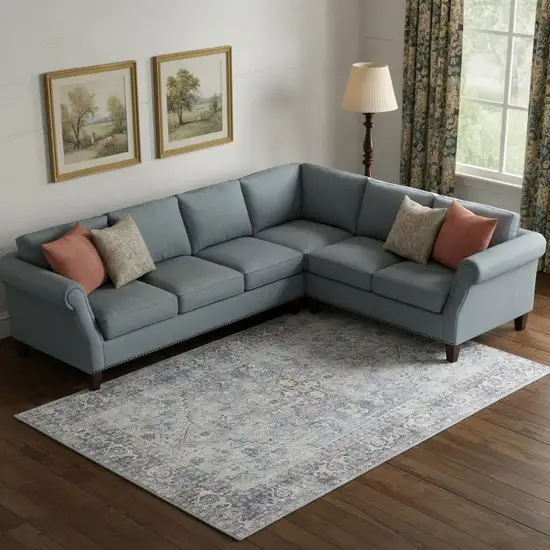 Light Grey And Blue Medallion Distressed Washable Area Rug Photo 1