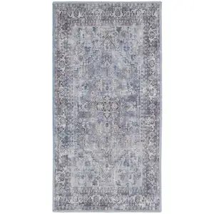 Photo of Light Grey And Blue Oriental Power Loom Distressed Washable Area Rug