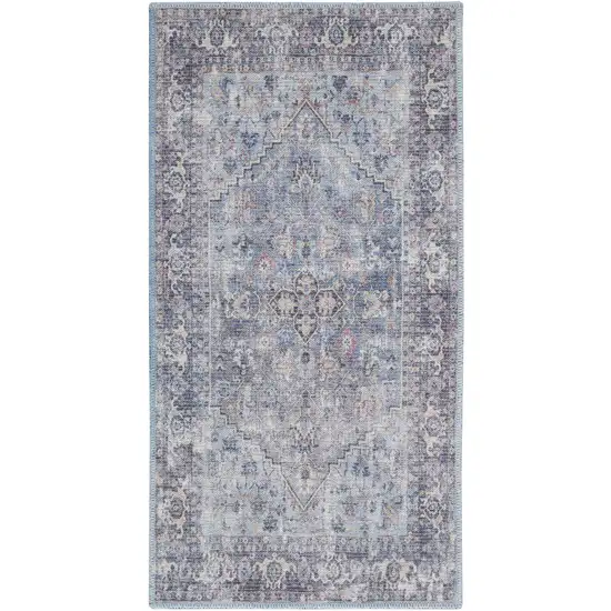 Light Grey And Blue Oriental Power Loom Distressed Washable Area Rug Photo 2
