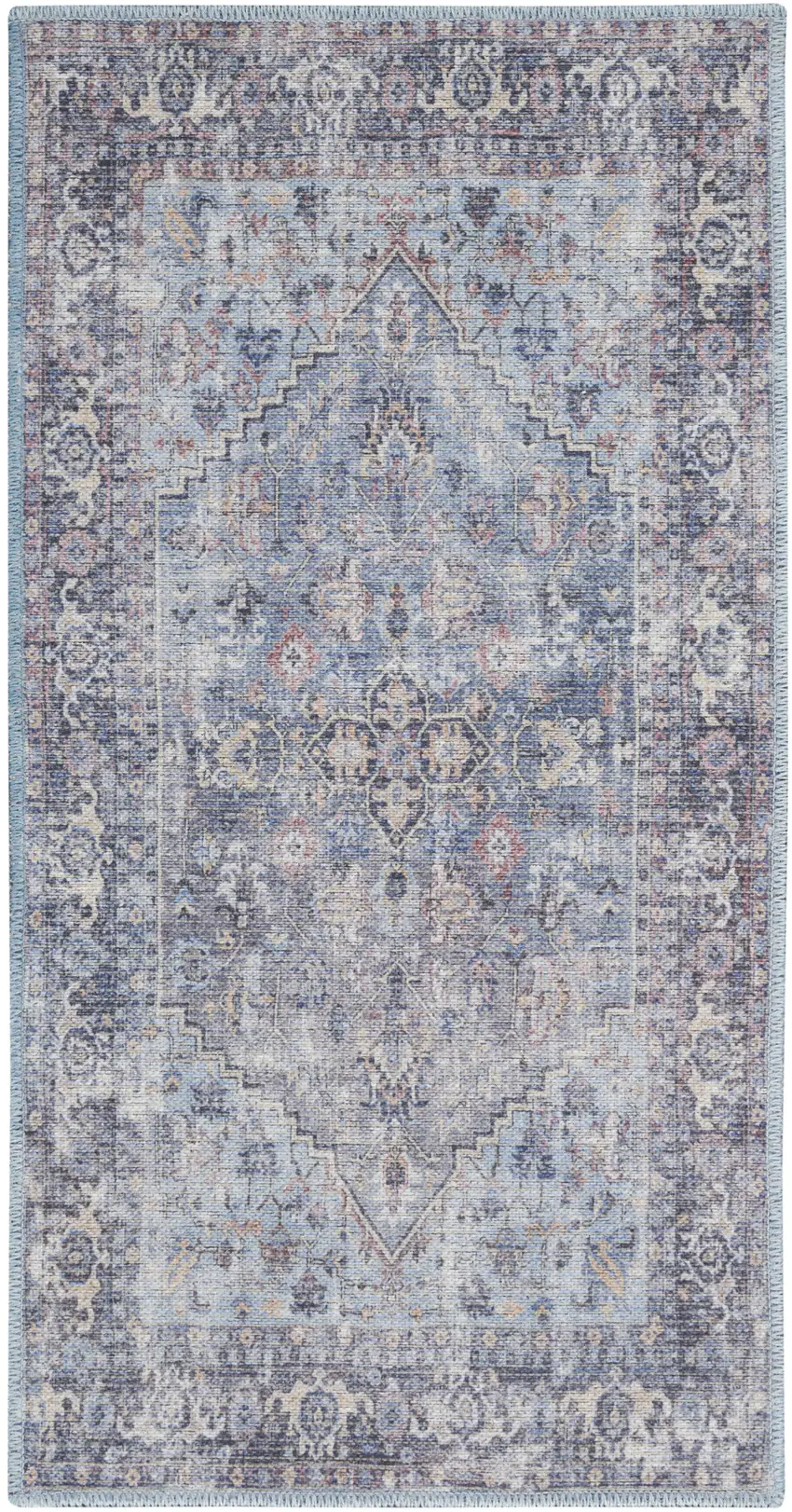 Light Grey And Blue Oriental Power Loom Distressed Washable Area Rug Photo 2