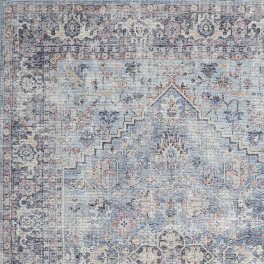 Light Grey And Blue Oriental Power Loom Distressed Washable Area Rug Photo 3
