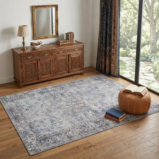 Light Grey And Blue Oriental Power Loom Distressed Washable Area Rug Photo 1