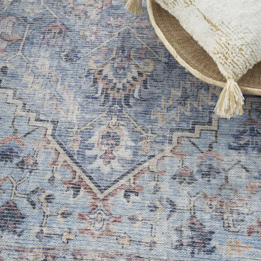 Light Grey And Blue Oriental Power Loom Distressed Washable Area Rug Photo 4