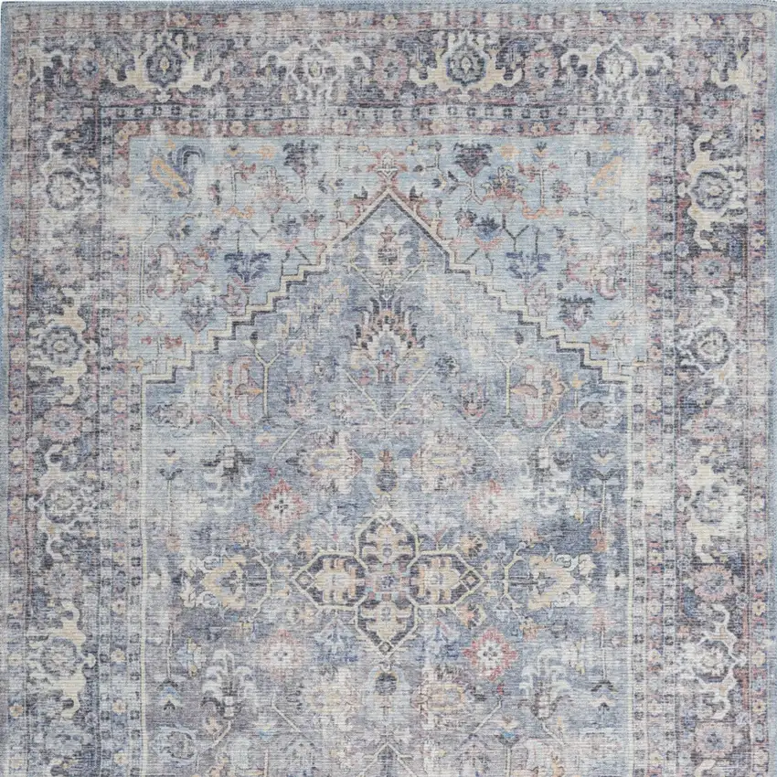 Light Grey And Blue Oriental Power Loom Distressed Washable Area Rug Photo 4