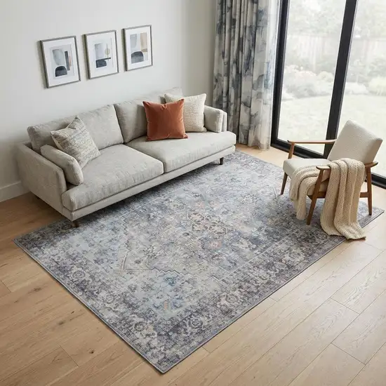 Light Grey And Blue Oriental Power Loom Distressed Washable Area Rug Photo 1