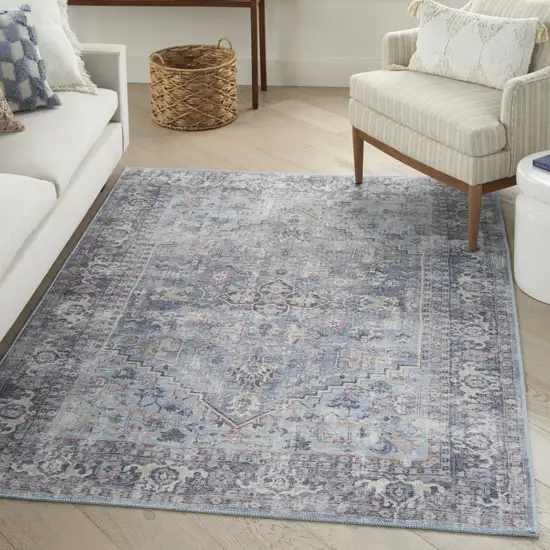 Light Grey And Blue Oriental Power Loom Distressed Washable Area Rug Photo 5