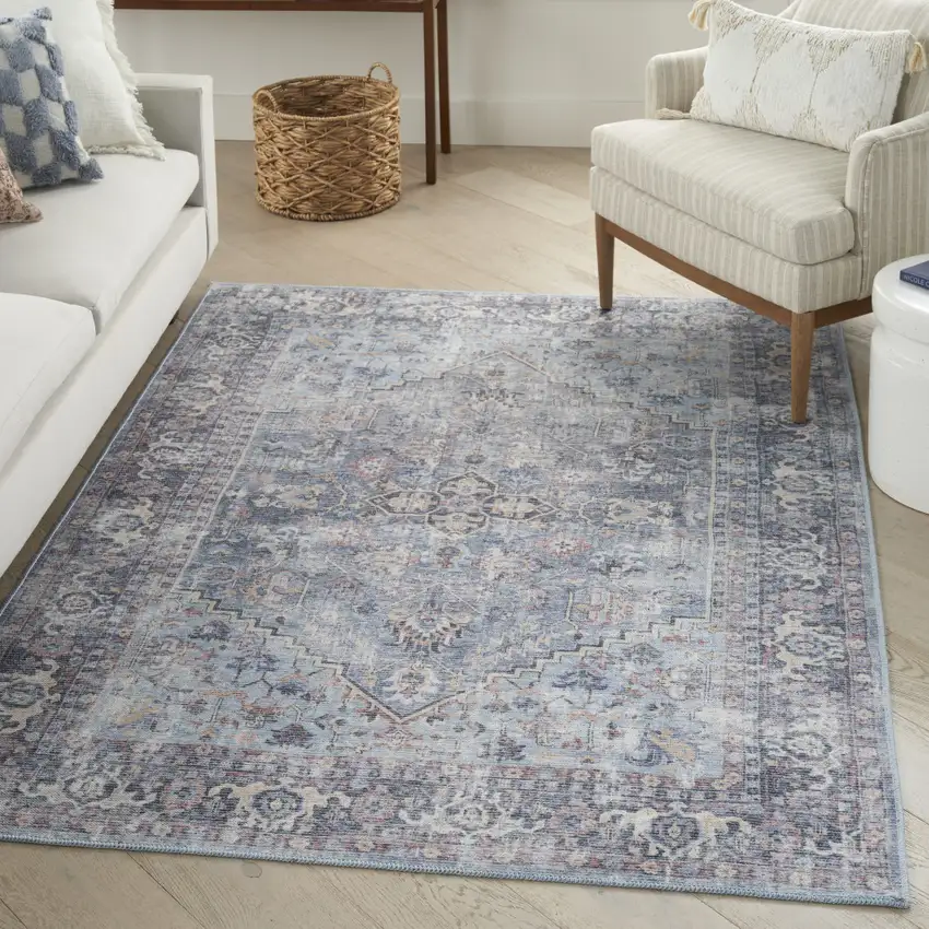Light Grey And Blue Oriental Power Loom Distressed Washable Area Rug Photo 5