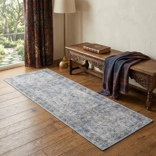 2' X 6' Light Grey And Blue Oriental Power Loom Distressed Washable Runner Rug Photo 1