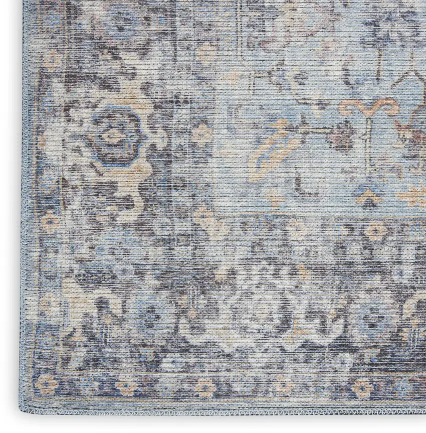 2' X 6' Light Grey And Blue Oriental Power Loom Distressed Washable Runner Rug Photo 6