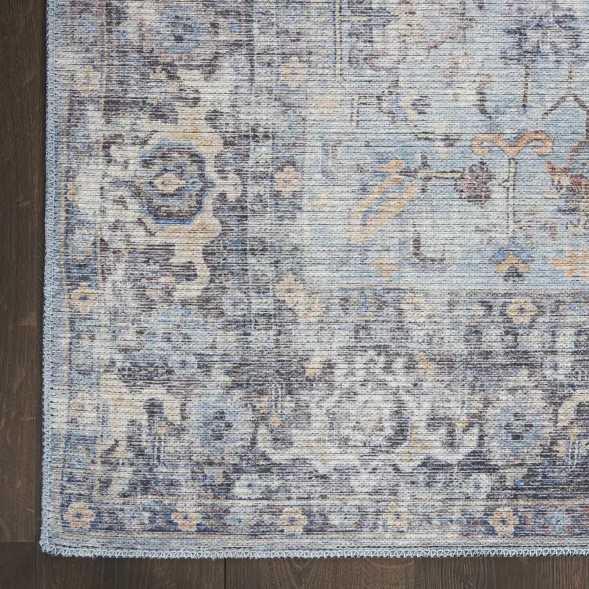 2' X 6' Light Grey And Blue Oriental Power Loom Distressed Washable Runner Rug Photo 8