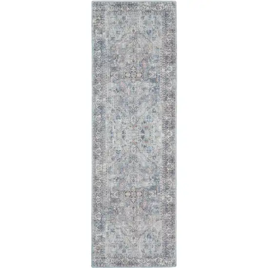 2' X 6' Light Grey And Blue Oriental Power Loom Distressed Washable Runner Rug Photo 4