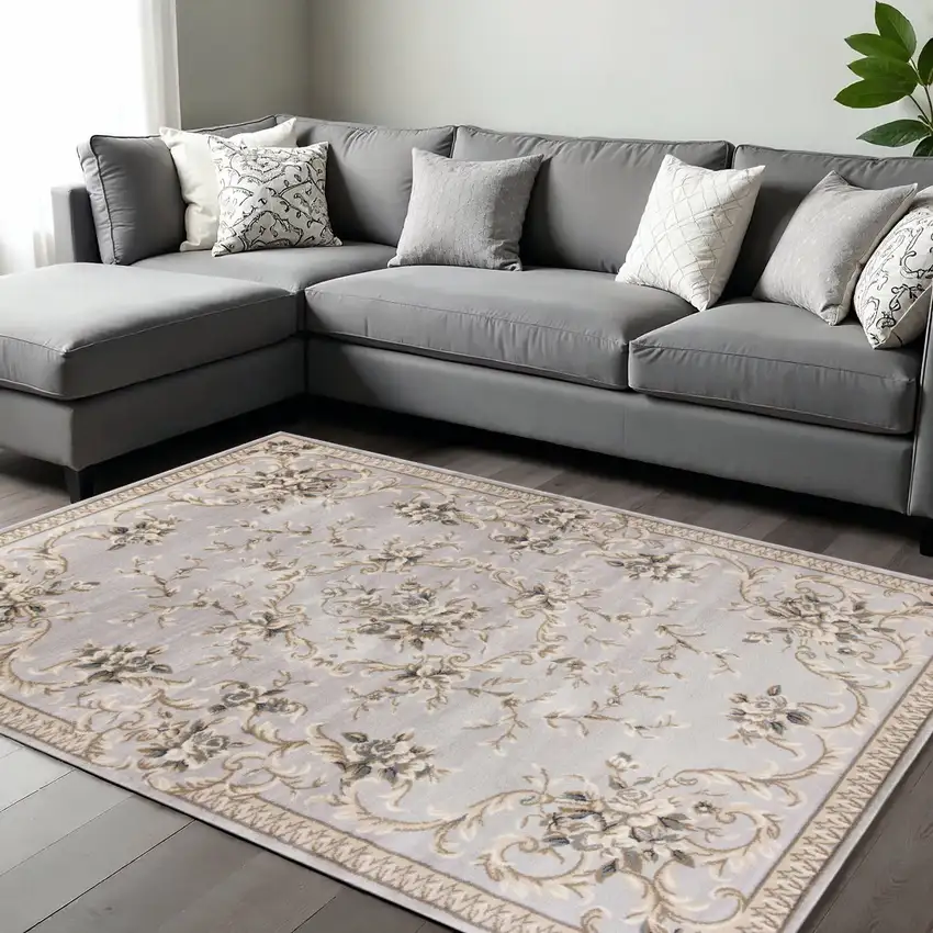 Light Gray Green And Tan Floral Medallion Area Rug Photo 1
