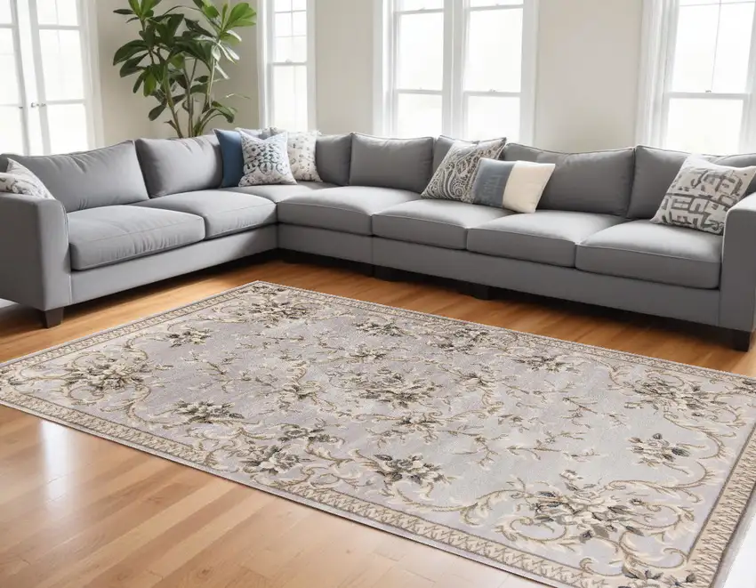 Light Grey Floral Indoor Area Rug Photo 1