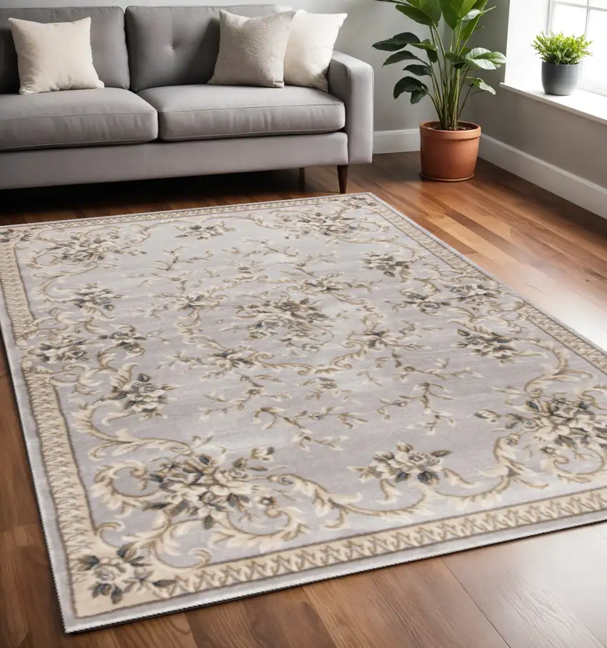 Light Gray Green And Tan Floral Medallion Area Rug Photo 1