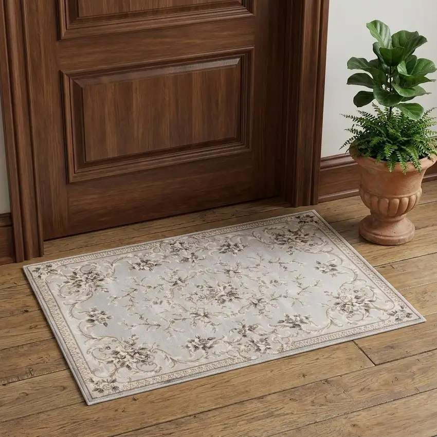 Light Gray Green And Tan Floral Medallion Area Rug Photo 1