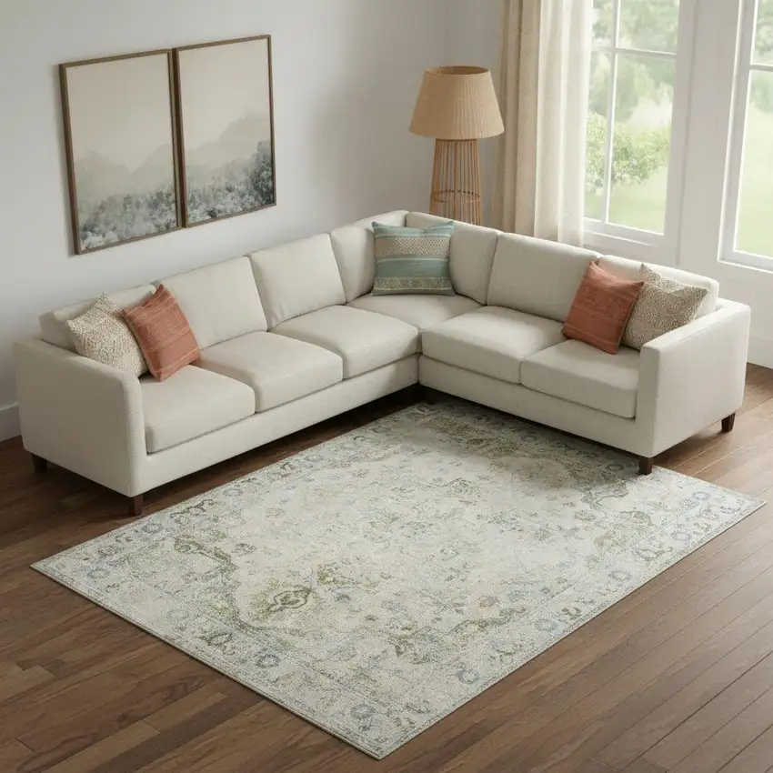 Light Sky Blue Floral Power Loom Distressed Area Rug Photo 1