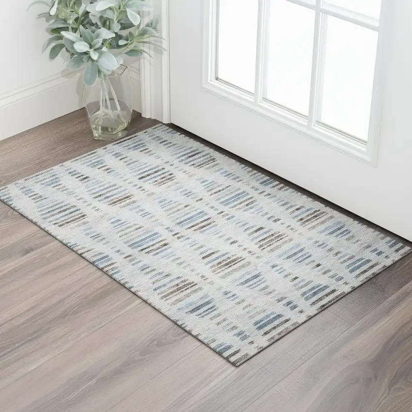 Light Taupe And Blue Striped Washable Area Rug With UV Protection Photo 2