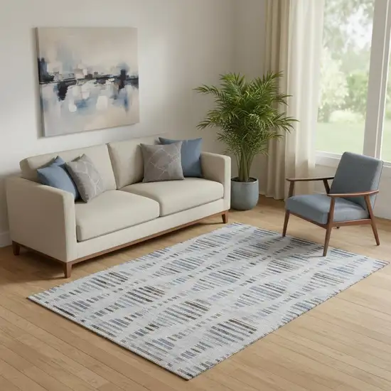 Light Taupe And Blue Striped Washable Area Rug With UV Protection Photo 2