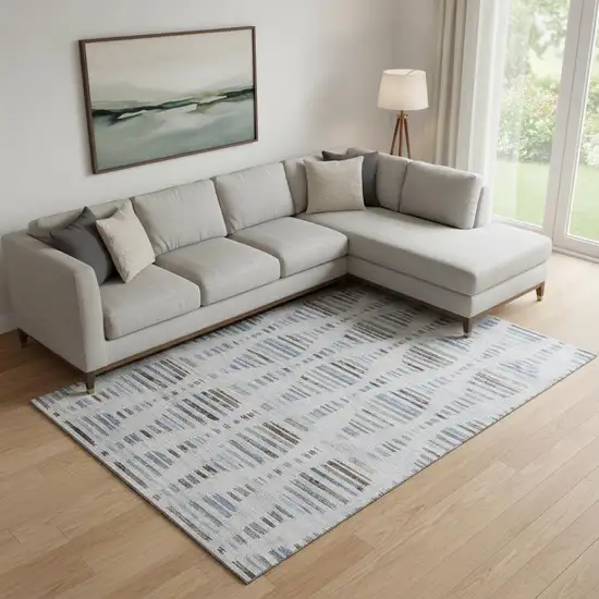 Light Taupe And Blue Striped Washable Area Rug With UV Protection Photo 2