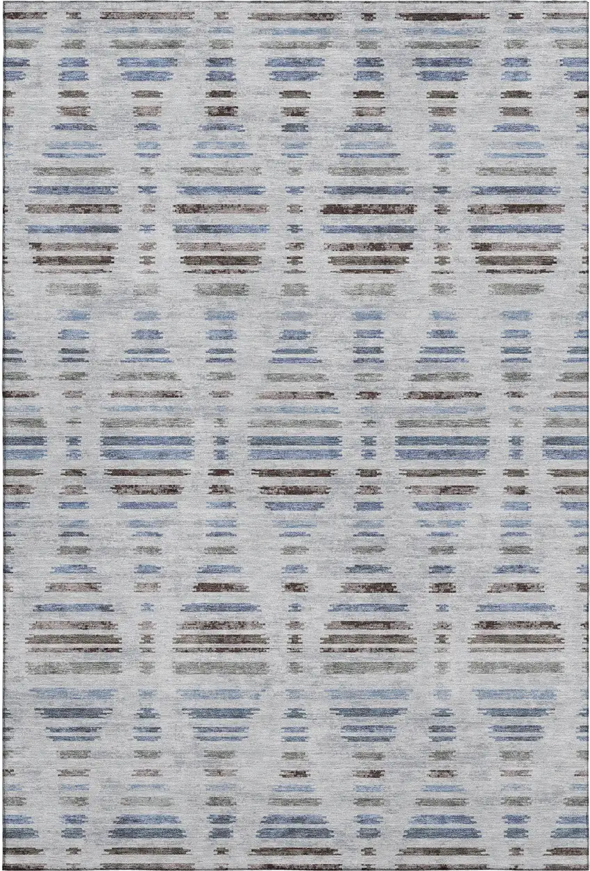 Light Taupe And Blue Striped Washable Area Rug With UV Protection Photo 1