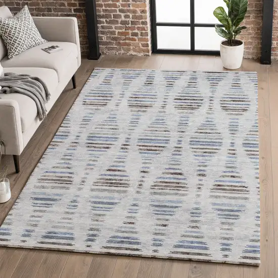 Light Taupe And Blue Striped Washable Area Rug With UV Protection Photo 5