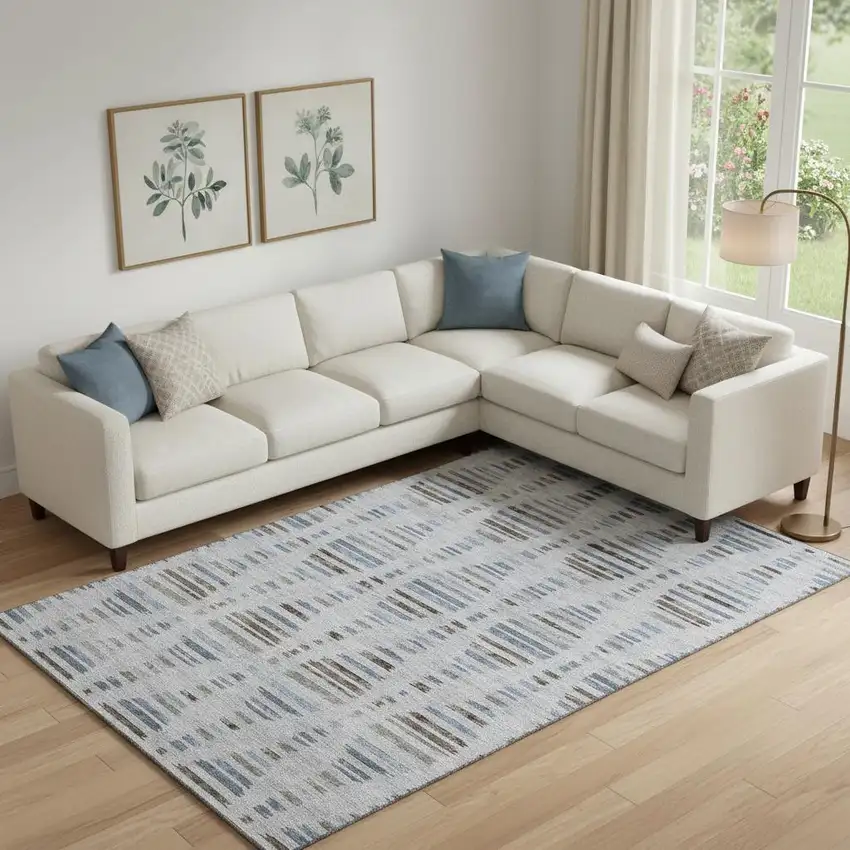 Light Taupe And Blue Striped Washable Area Rug With UV Protection Photo 2