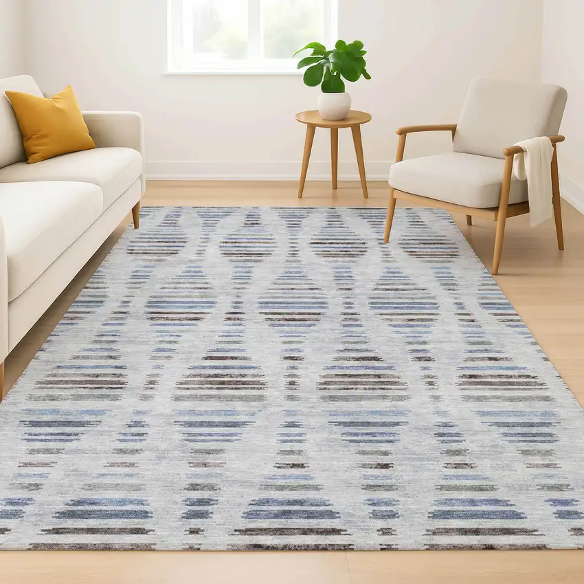 Light Taupe And Blue Striped Washable Area Rug With UV Protection Photo 6
