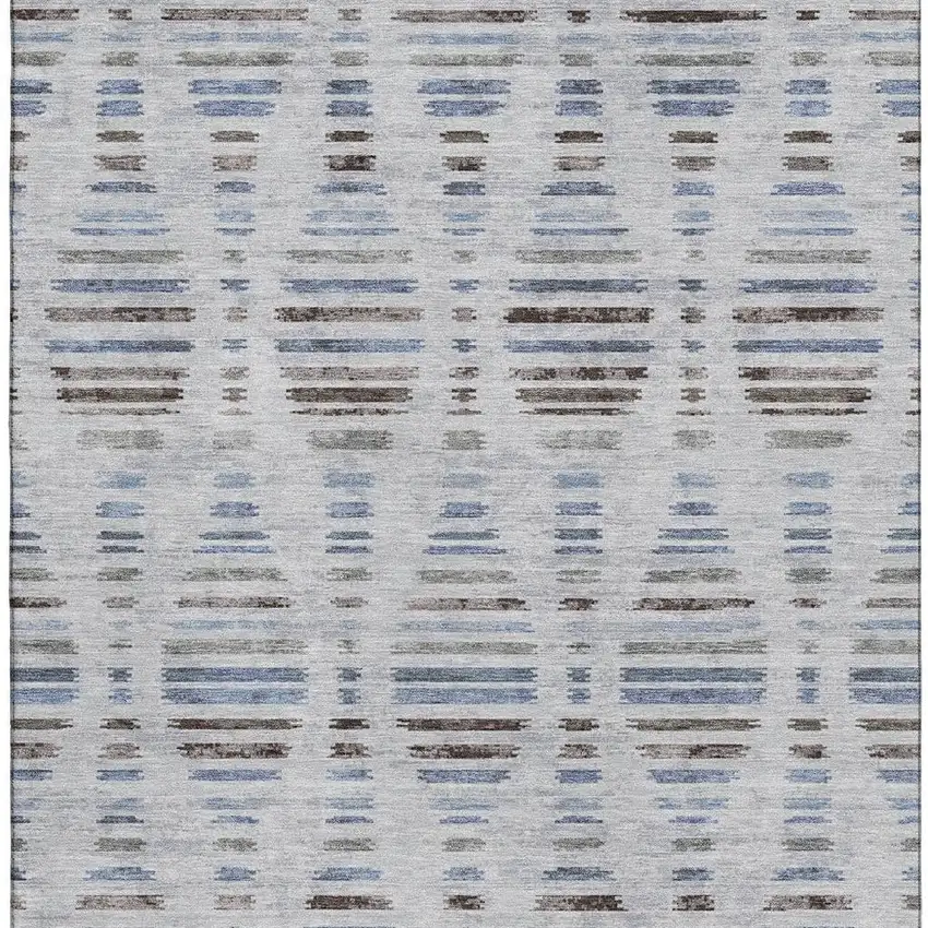 Light Taupe And Blue Striped Washable Area Rug With UV Protection Photo 4