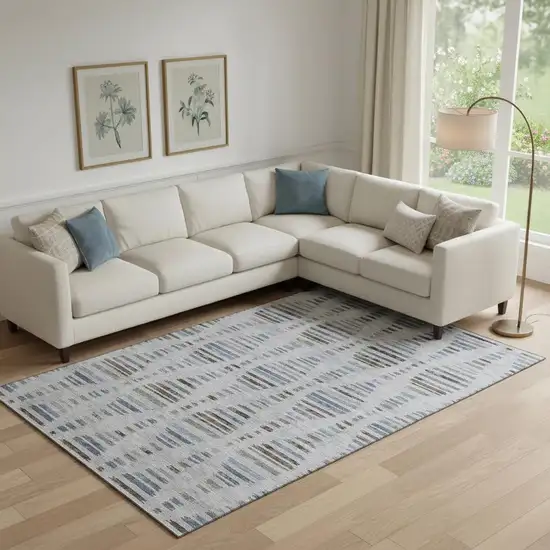 Light Taupe And Blue Striped Washable Area Rug With UV Protection Photo 2