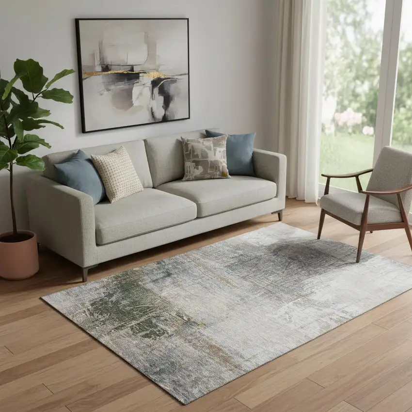 Light Taupe And Gray Abstract Washable Area Rug With UV Protection Photo 2