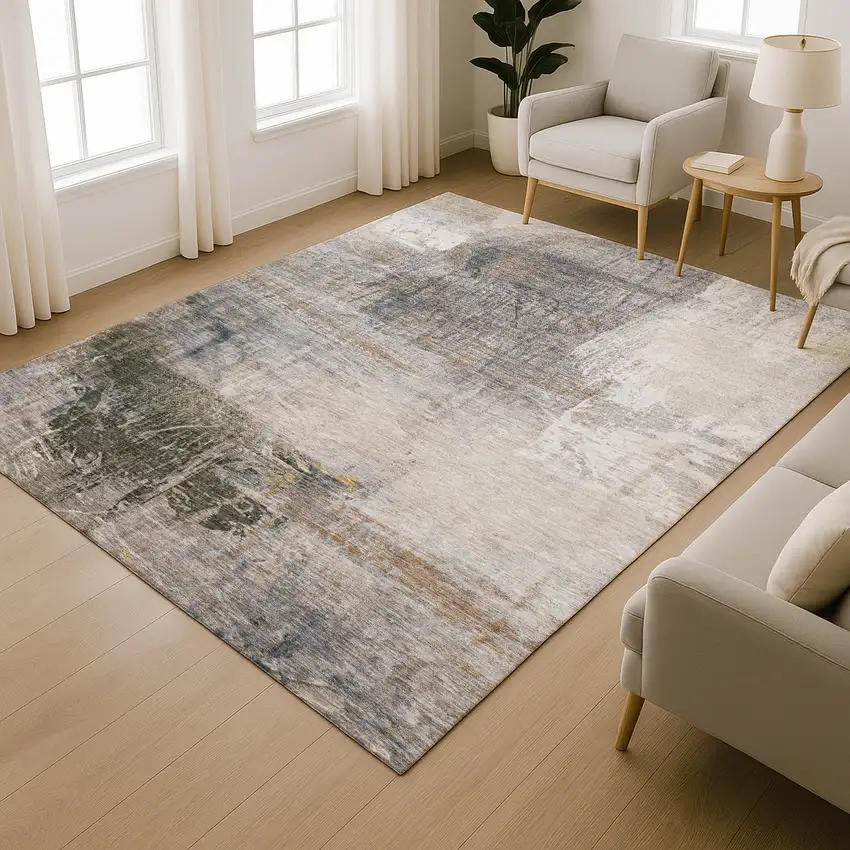 Light Taupe And Gray Abstract Washable Area Rug With UV Protection Photo 6