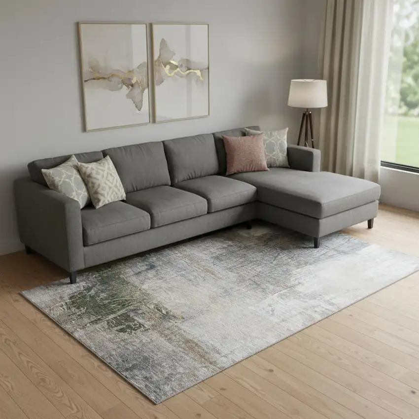 Light Taupe And Gray Abstract Washable Area Rug With UV Protection Photo 2