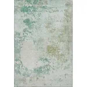 Photo of Light Taupe And Teal Abstract Washable Area Rug With UV Protection