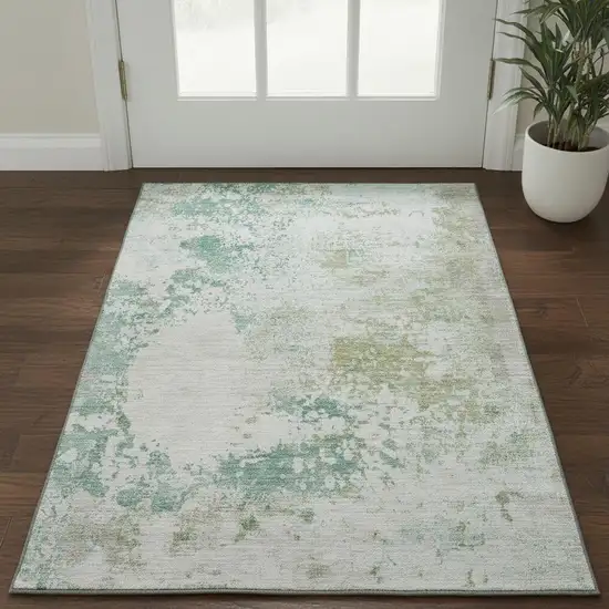 Light Taupe And Teal Abstract Washable Area Rug With UV Protection Photo 2
