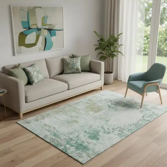 Light Taupe And Teal Abstract Washable Area Rug With UV Protection Photo 2