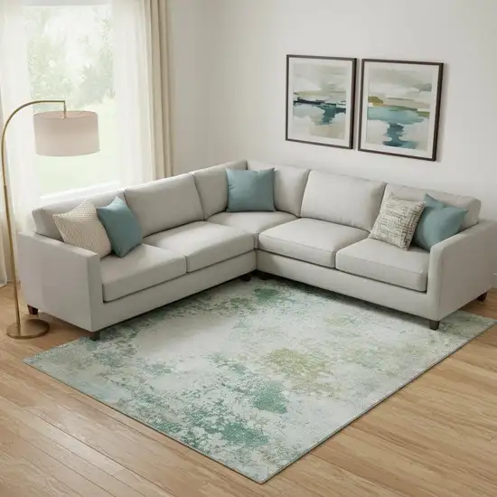Light Taupe And Teal Abstract Washable Area Rug With UV Protection Photo 2
