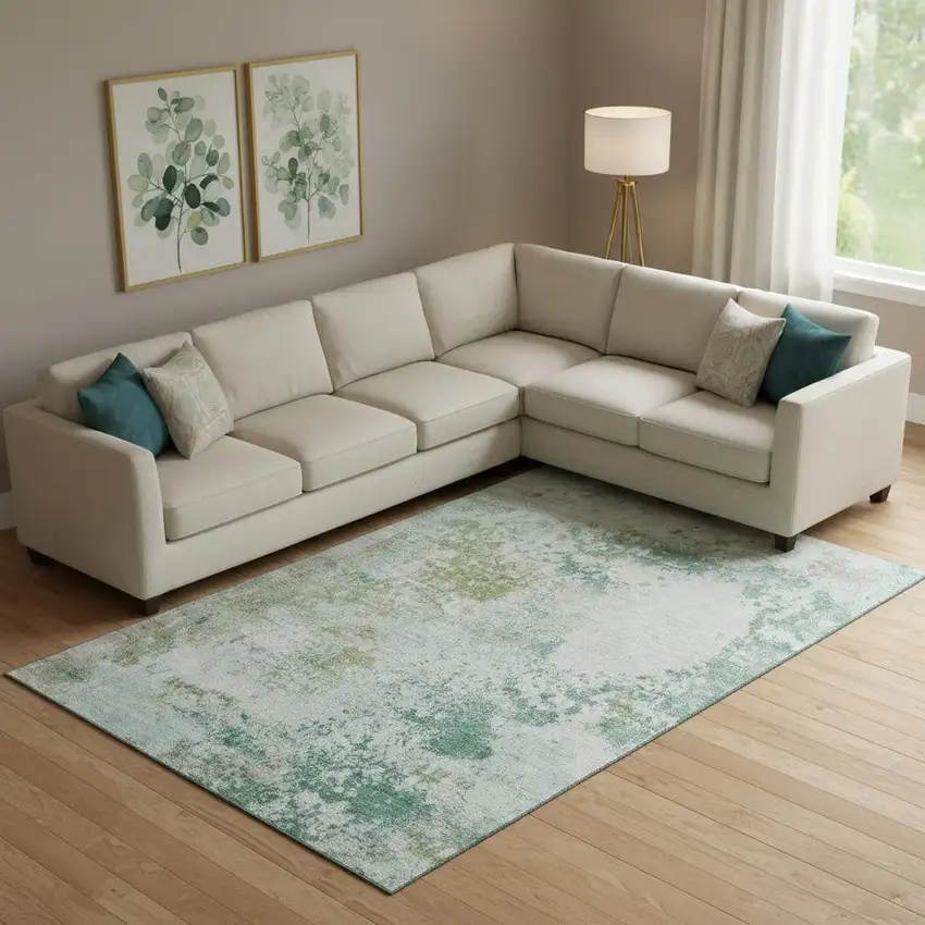 Light Taupe And Teal Abstract Washable Area Rug With UV Protection Photo 2