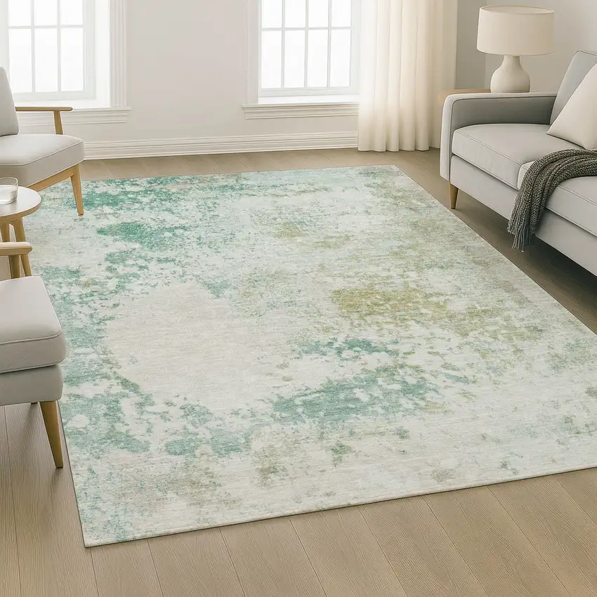 Light Taupe And Teal Abstract Washable Area Rug With UV Protection Photo 6