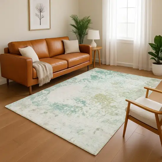Light Taupe And Teal Abstract Washable Area Rug With UV Protection Photo 5