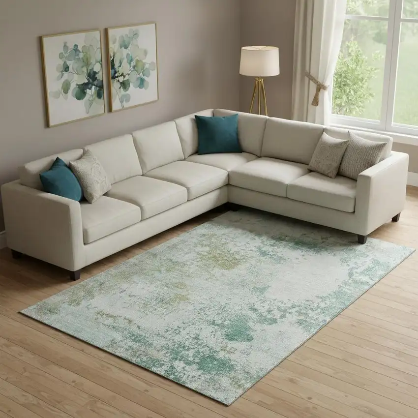 Light Taupe And Teal Abstract Washable Area Rug With UV Protection Photo 2